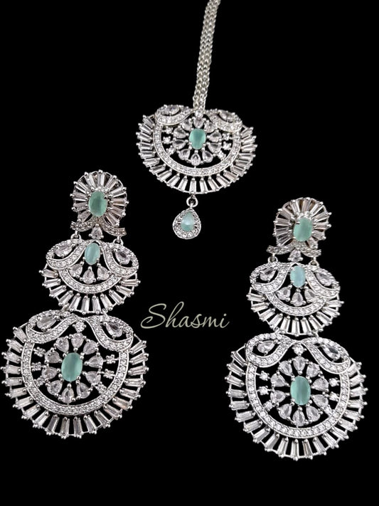 Sea Green Color Stone American Diamond Mangtika And Earrings