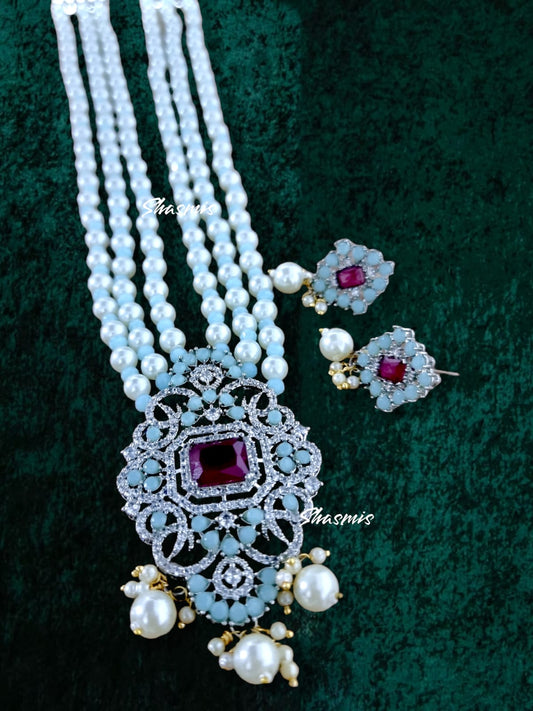 Sky Blue Color Long American Diamond Necklace And Earrings With Kundan Beads