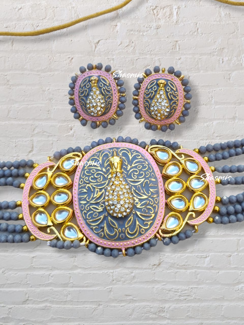 Grey Color Peacock Design Necklace With Earrings