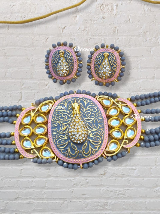 Grey Color Peacock Design Necklace With Earrings