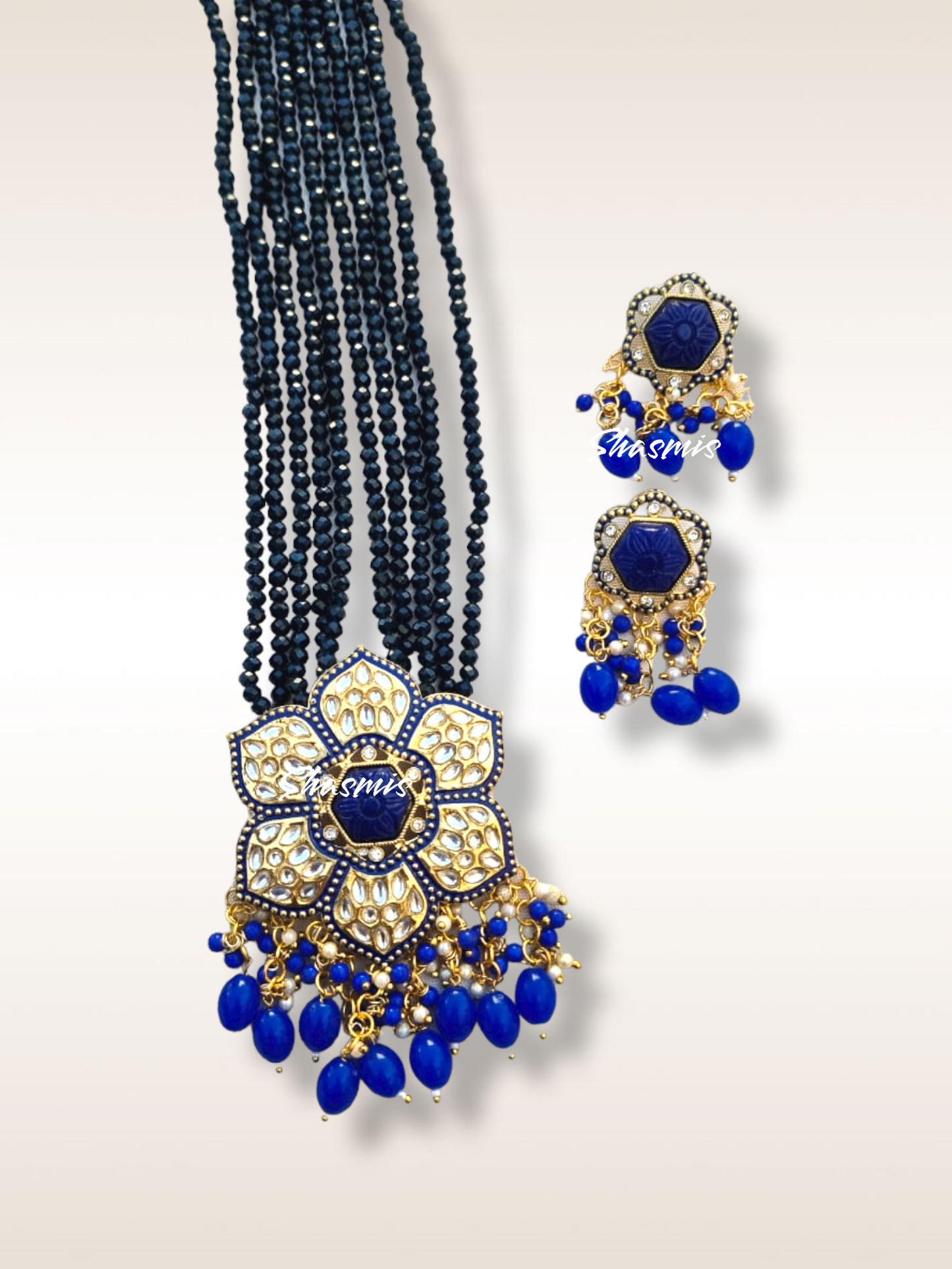 Centre Stone Kundan Long Necklace With Pearls On Drop and Earrings