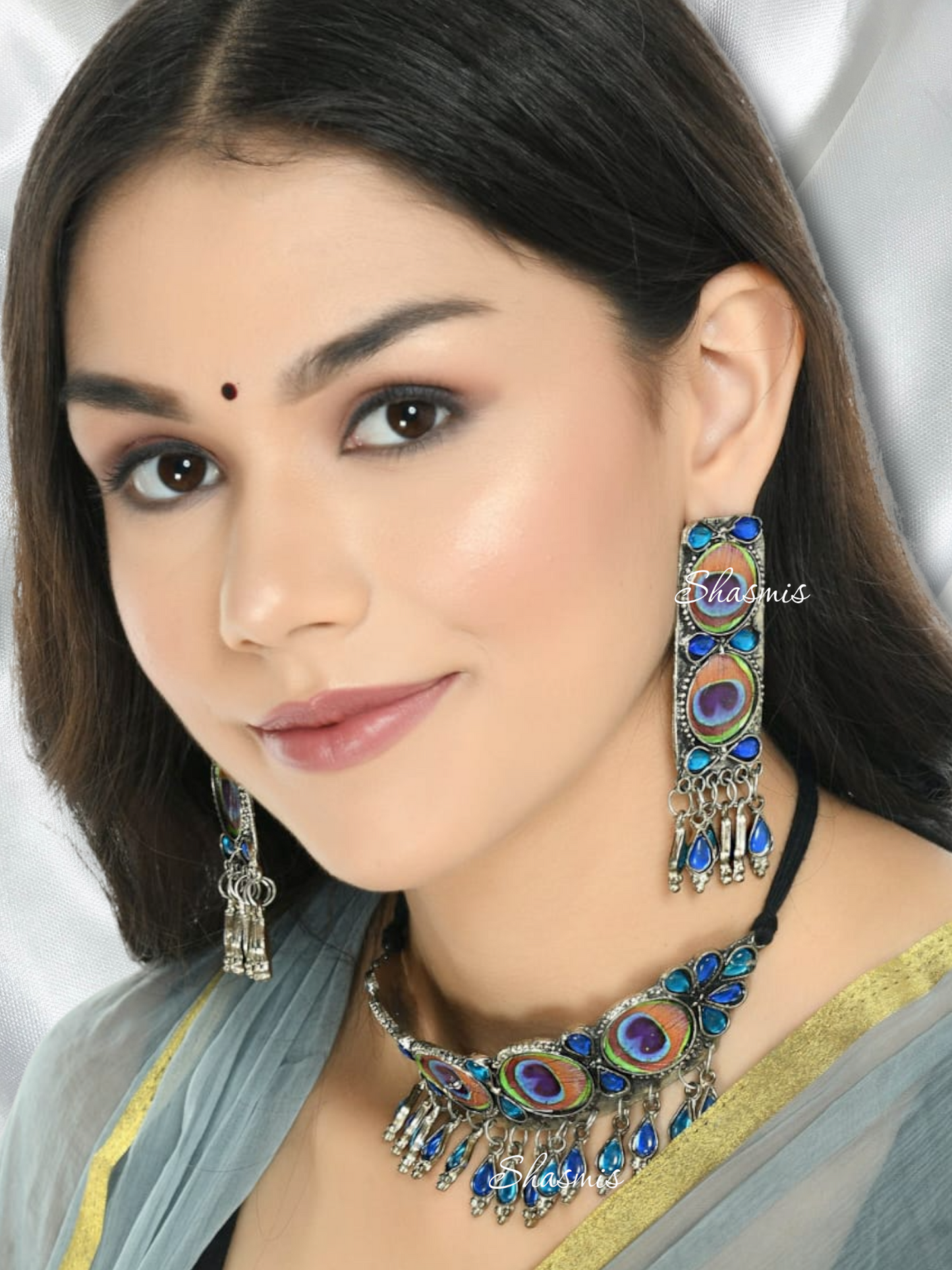Beautiful Peacock Statement Choker With Earrings and Ring