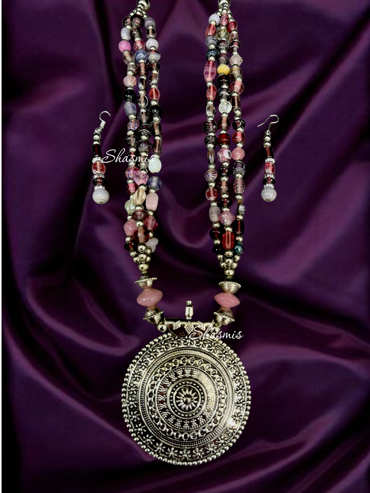 Long Silver Pendant With Pink Shade Beads Necklace And Earrings