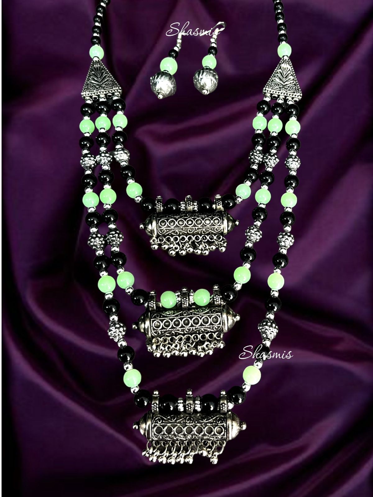 Long Layer Silver Black and Mint Green Beads Necklace With Earrings