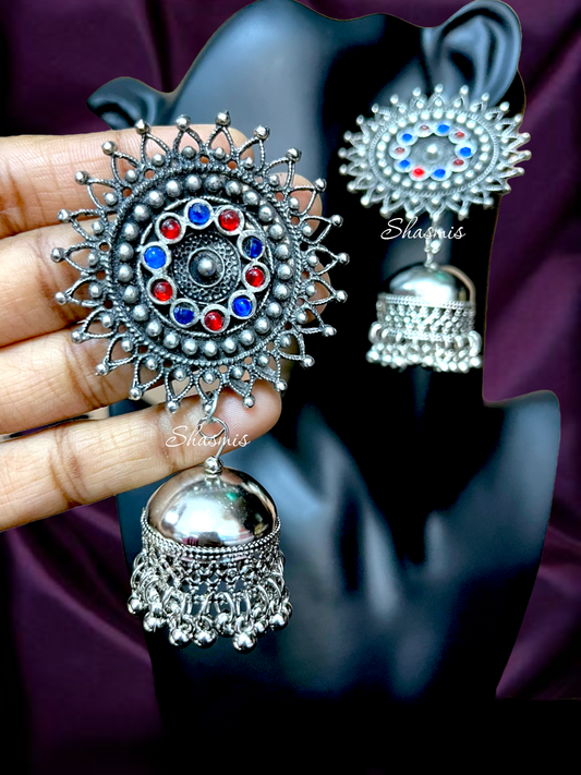 Red and Blue Stone Long Jhumka Silver Earrings