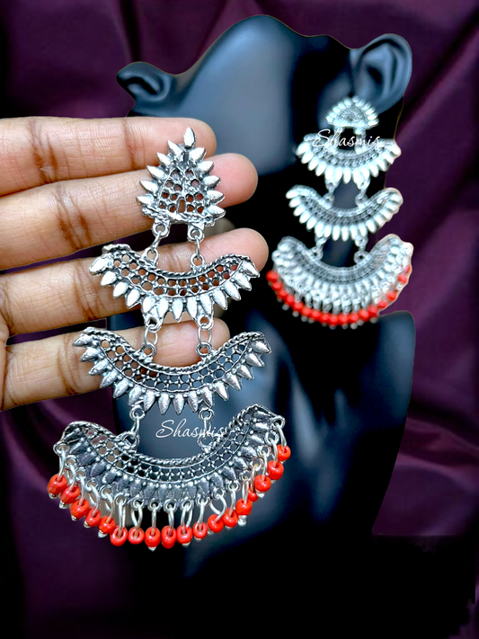 Red Color Bead On Drop Long Silver Layer Earrings
