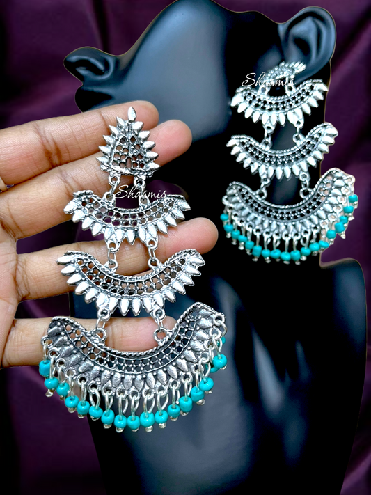 Rama Blue Color Beads On Drop Long Silver Earrings