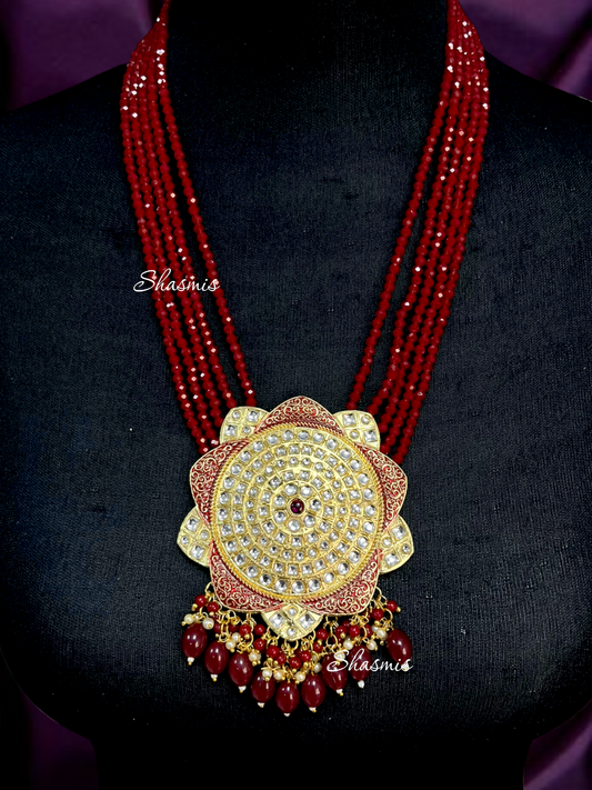 Red Color Beads Kundan Necklace With Earrings