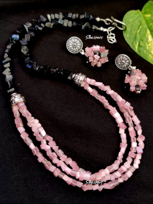 Pink and Black Semi Precious Necklace With Earrings