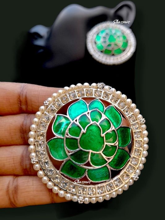 Green Color Kundan Flower Design Earrings