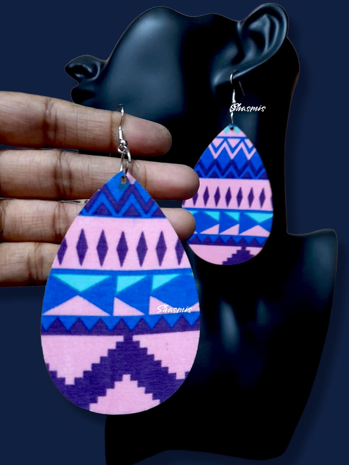 Wooden Unfinished Pink And Blue Shade Tear Drop Earrings