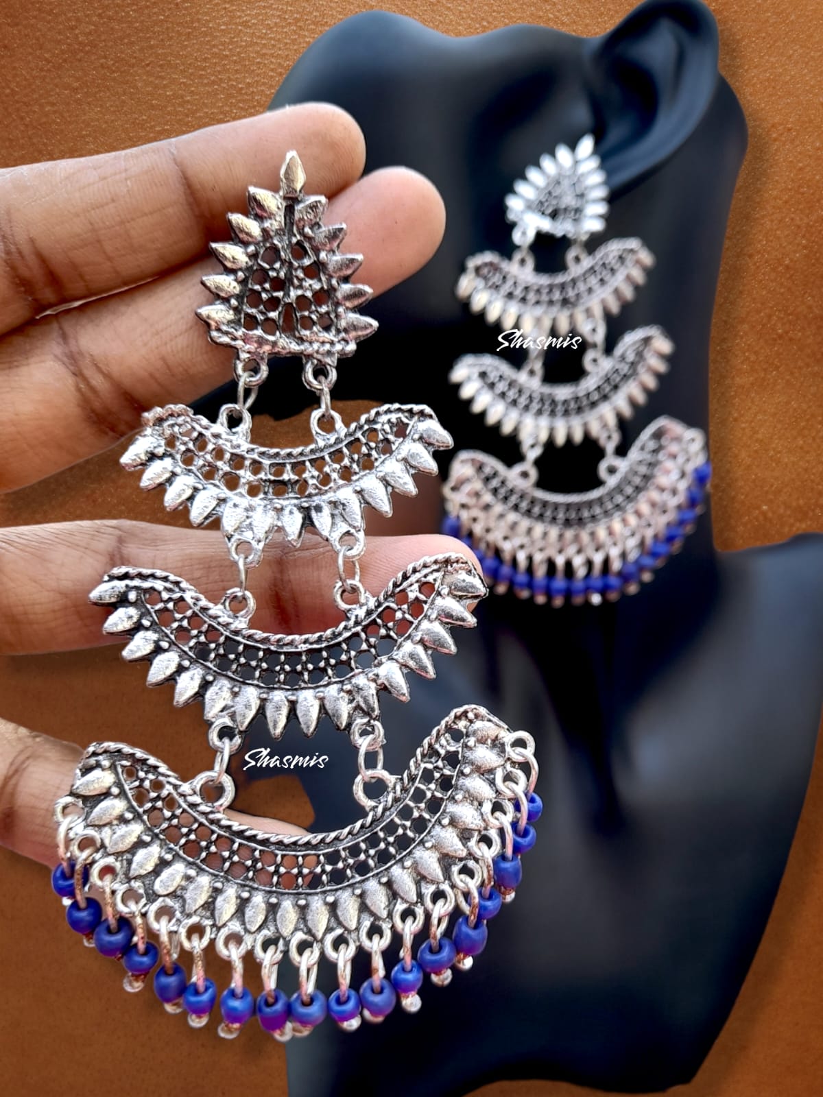 Blue Color Small Beads On Drop Silver Oxidised Earrings