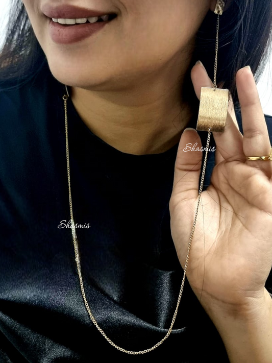 Long Golden Square Design Chain Earrings