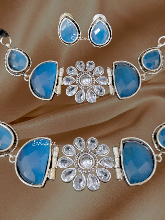Blue Stone Silver Choker With Earrings