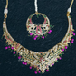 Multi color Stones With Pink Ghungroo On Drop Necklace, Mangtika And Earrings