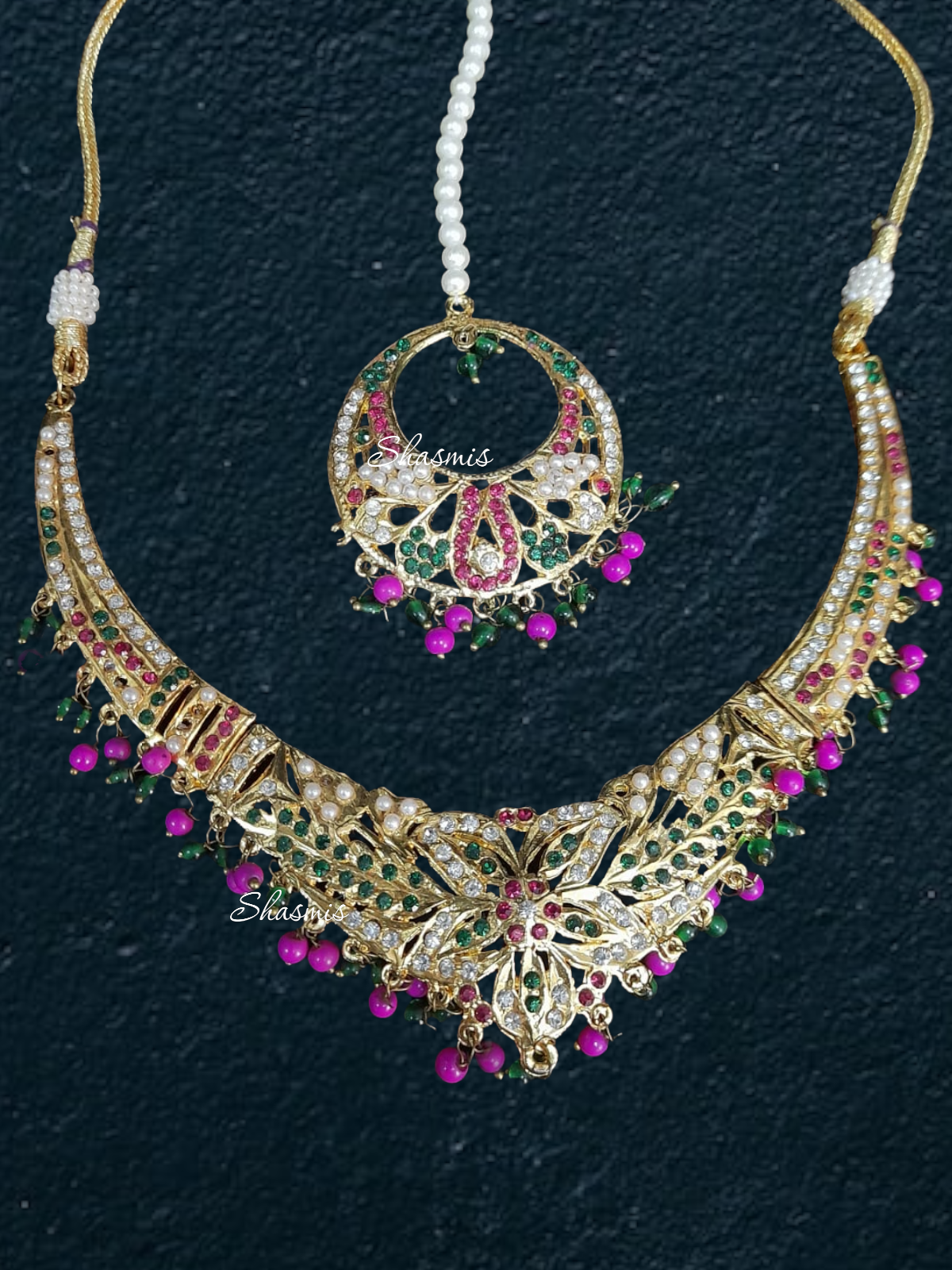 Multi color Stones With Pink Ghungroo On Drop Necklace, Mangtika And Earrings