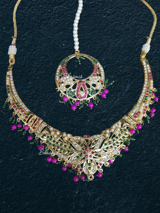 Multi color Stones With Pink Ghungroo On Drop Necklace, Mangtika And Earrings