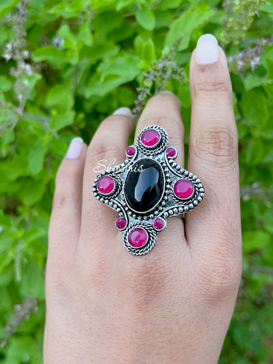 Black Stone on Centre Silver Oxidised Ring