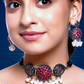 Dark Pink Color Stone German Silver Necklace With Earrings