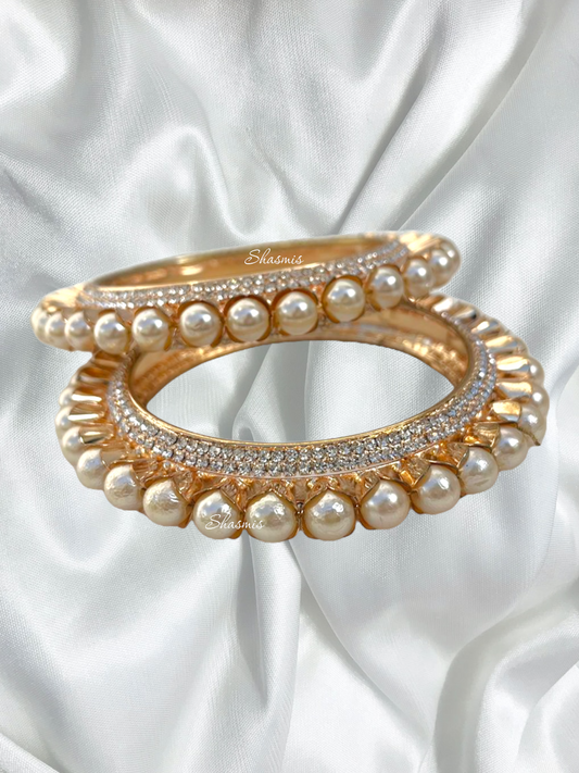 Pearl With Rhine Stone Golden Polish Bangle, Pair