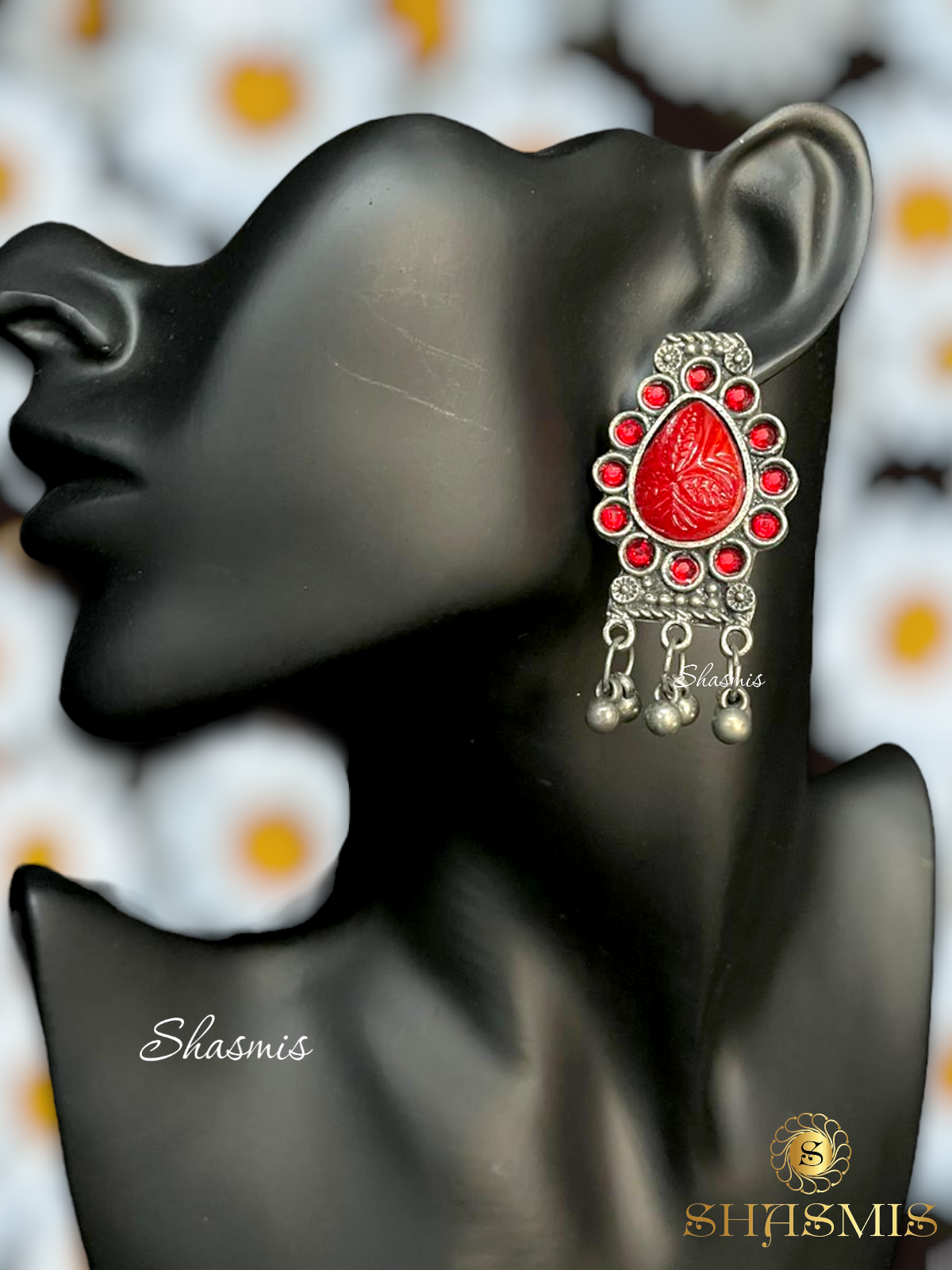 Red Color Carved Stone Silver Oxidised Necklace with Earrings