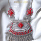 Red Color Carved Stone Silver Oxidised Necklace with Earrings
