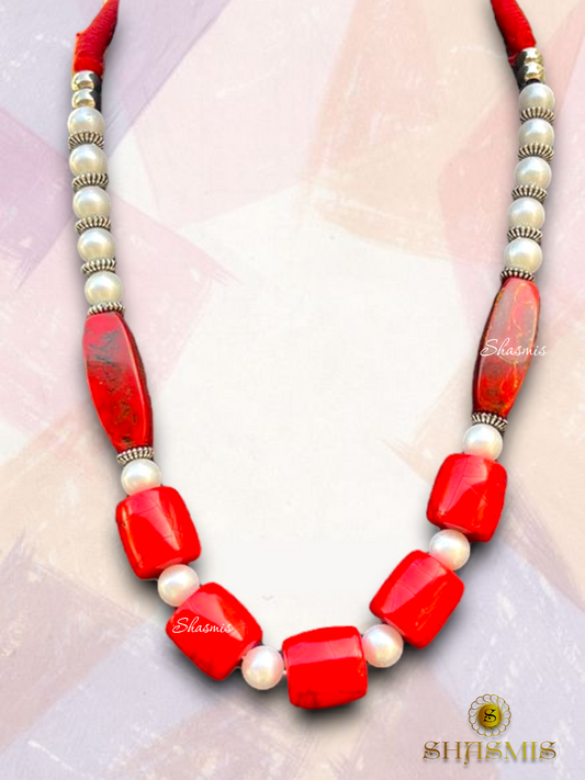 Red Color Boho Pearls Trendy Necklace With Earrings