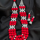 Red Color Long Layer Pearl Necklace With Earrings