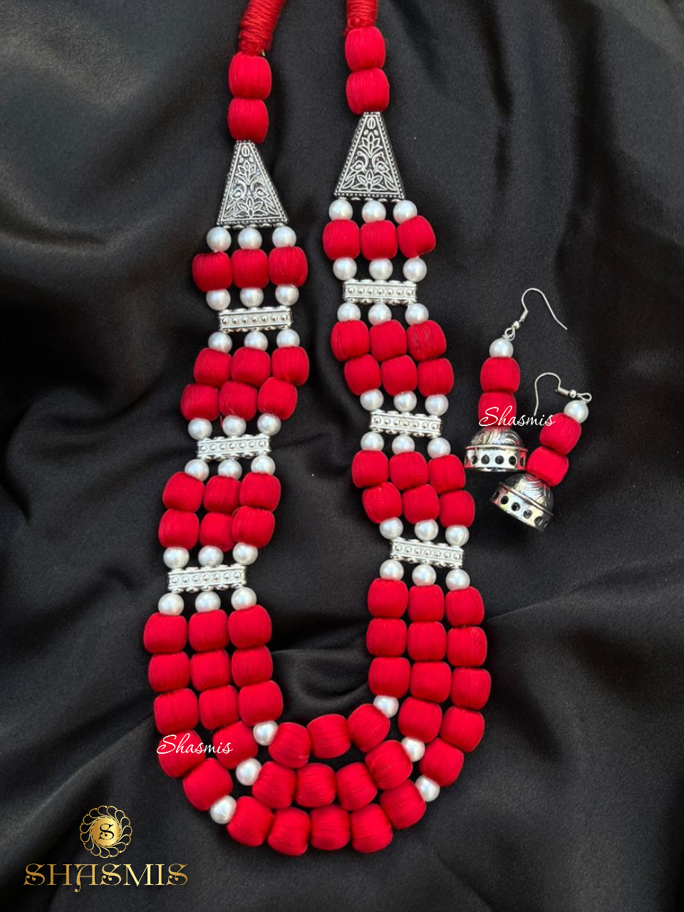 Red Color Long Layer Pearl Necklace With Earrings