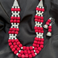 Maroon Color Beads Long Layer Pearl Necklace With Earrings