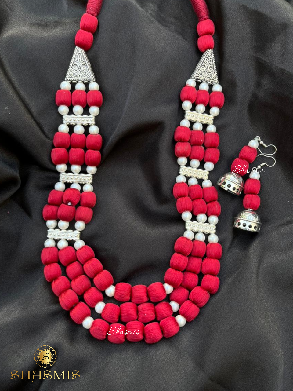 Maroon Color Beads Long Layer Pearl Necklace With Earrings