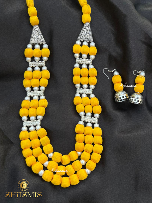 Yellow Color Beads Long Layer Pearl Necklace With Earrings