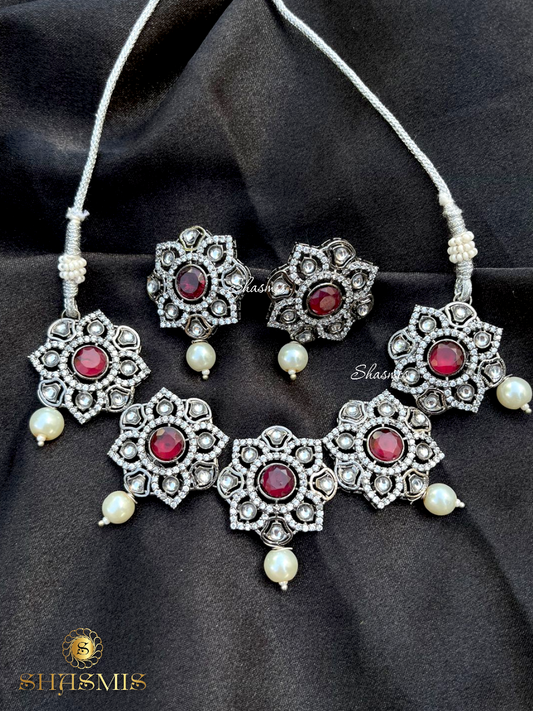 Red Stone Diamond Necklace With Earrings