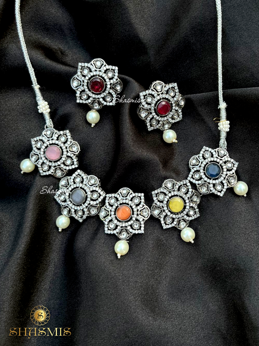 Multi Color Stone Rhein stone Necklace With Earrings