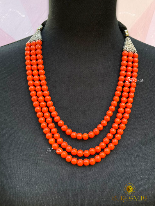 Orange Color Beads Long Necklace