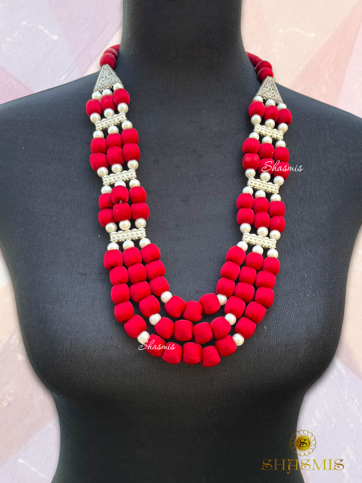 Maroon Color Beads Long Layer Pearl Necklace With Earrings