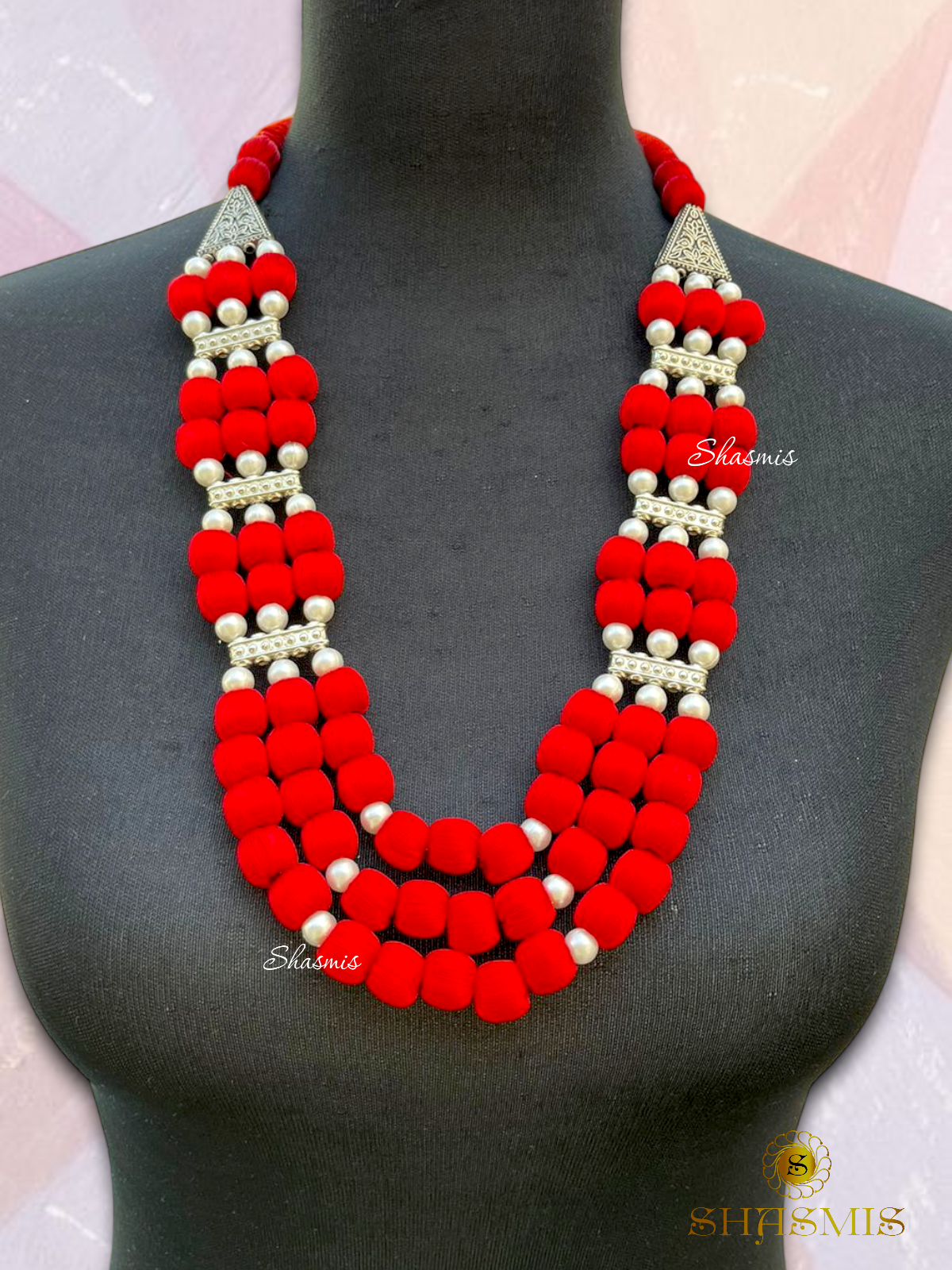 Red Color Long Layer Pearl Necklace With Earrings