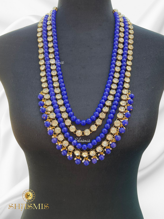 Royal Blue Beads Double Layer Glass Kundan Necklce