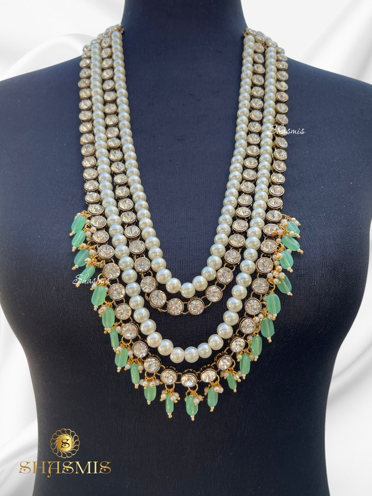 Mint Green Color Beads Long Layer Double Glass Kundan Necklace