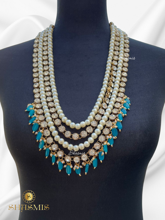 Blue Color Beads Long Double Layer Glass Kundan Necklace