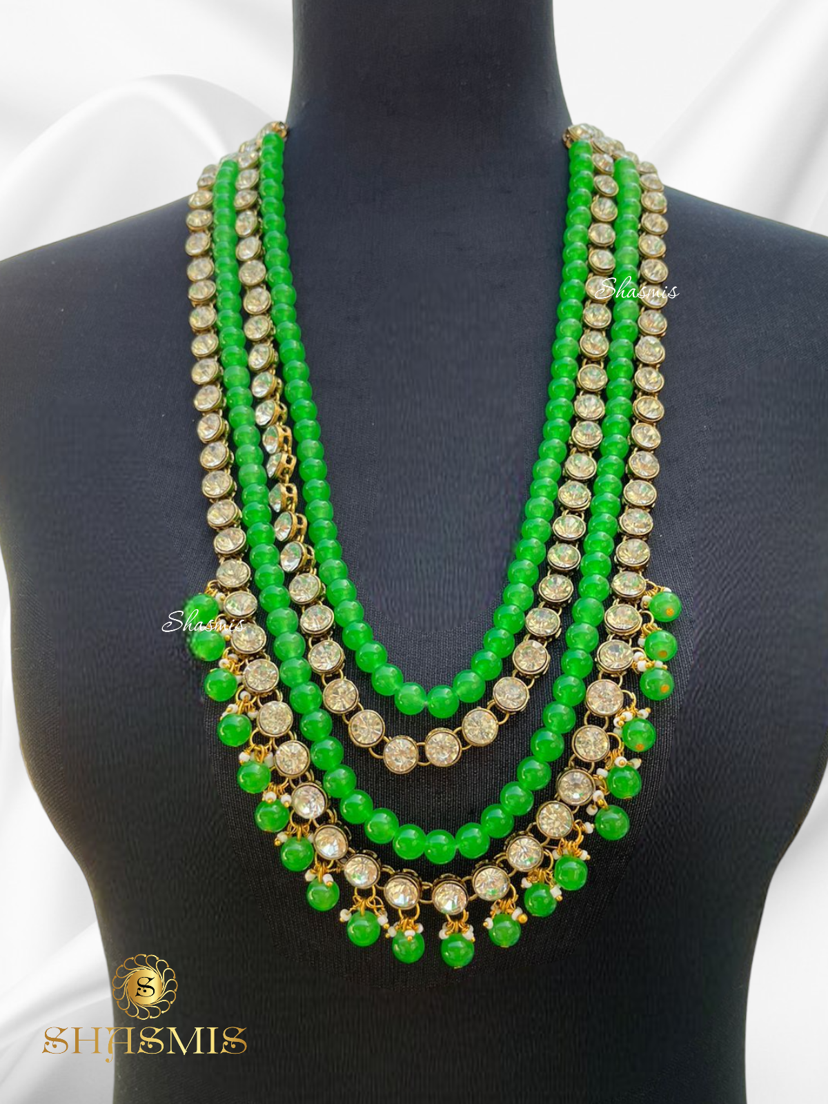 Green Beads Long Layer Double Glass Kundan Necklace