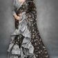 Black Color Saree With Golden Design And Grey Color Ruffle