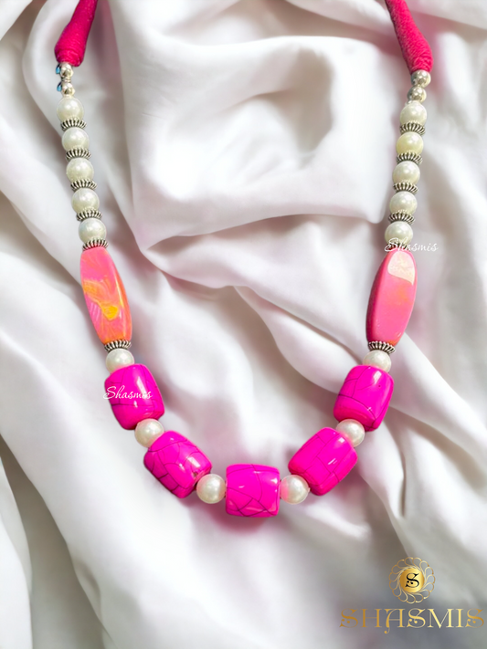 Pink Color Long Boho Trendy Necklace With Earrings