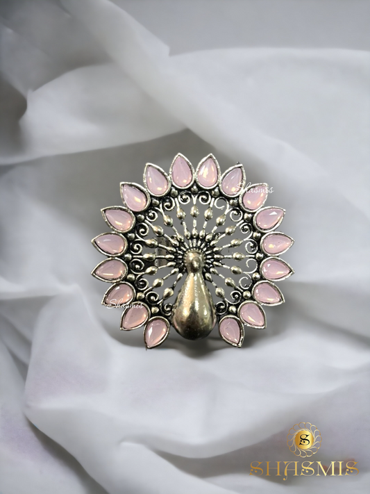 Baby Pink Color Peacock Silver Oxidised Ring