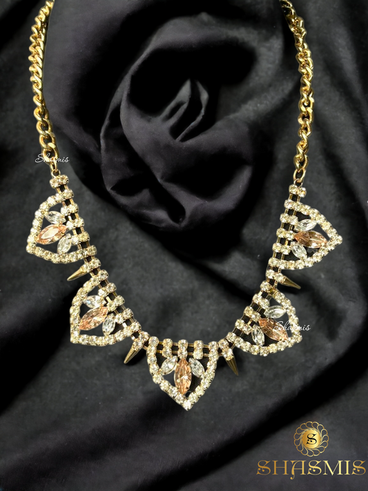 Rhine Stone Golden Necklace With Champaign Color Stone