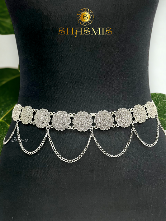 Flower Design Silver Color Belt With Design On Drop