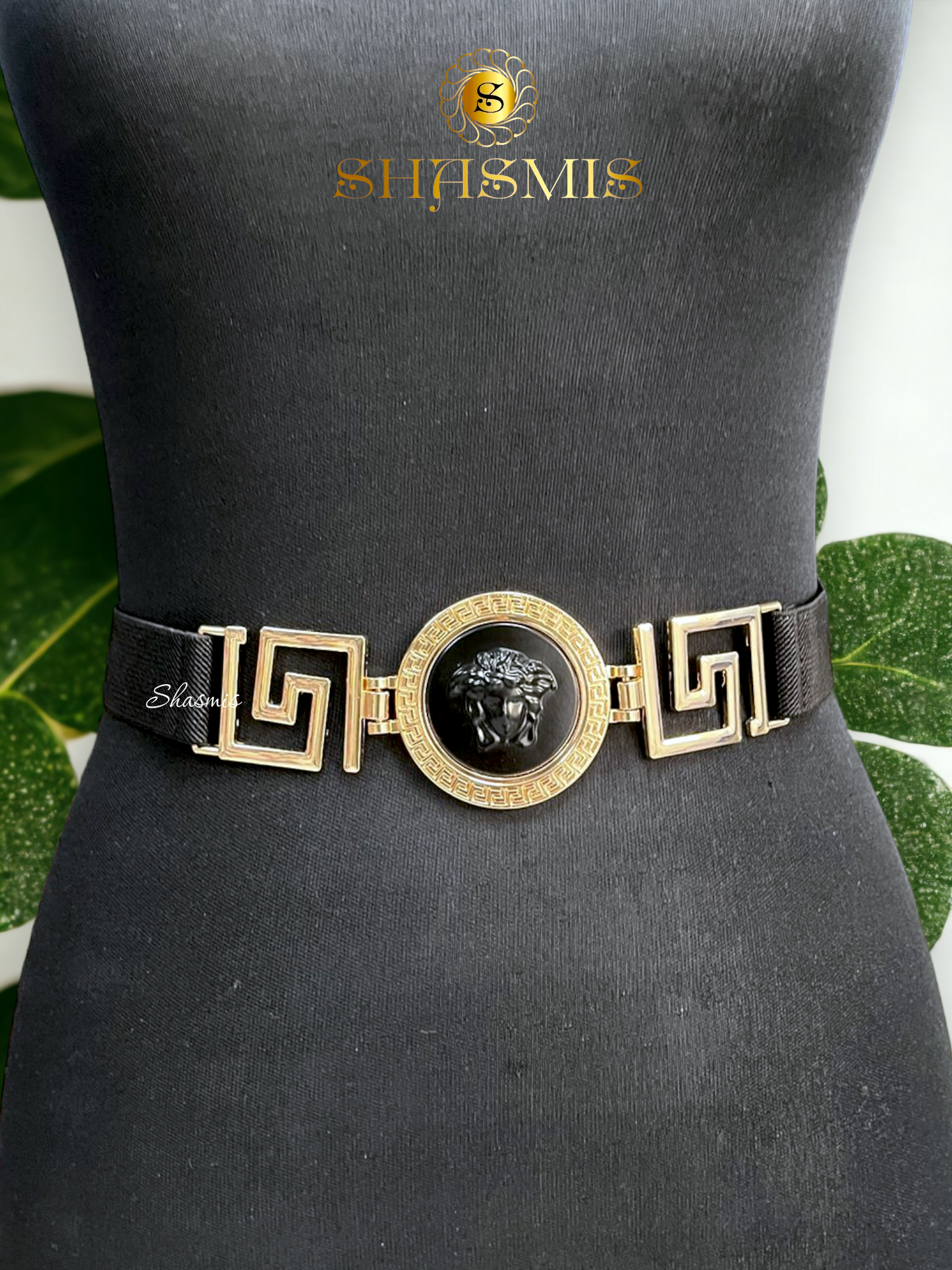 Black Color Buckle Belt With Golden Design Stretchable Belt