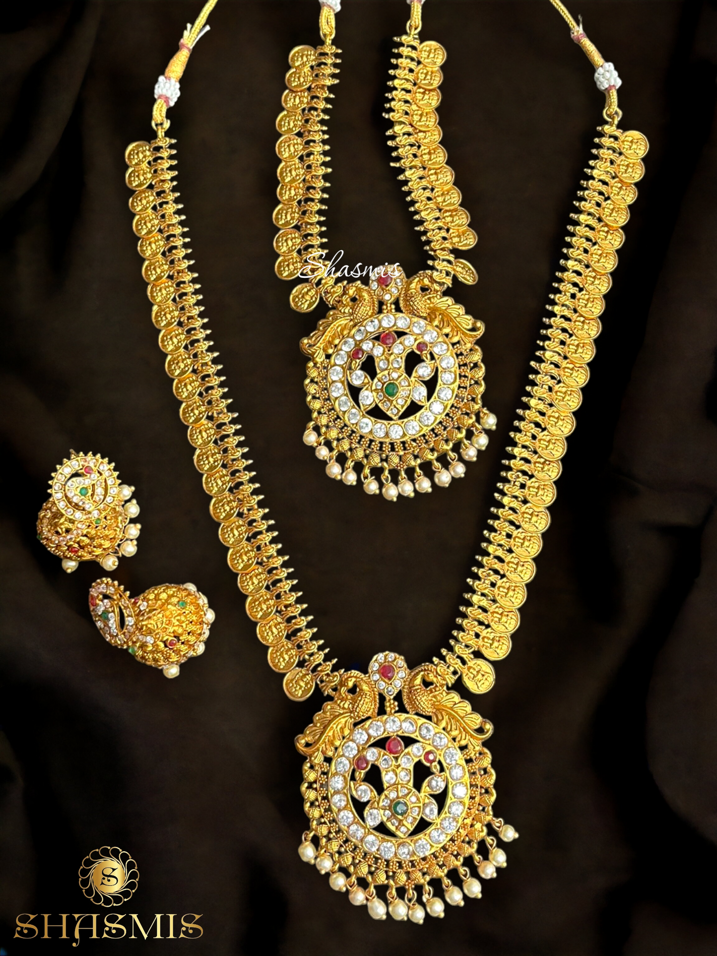 Laxmi Design Long Rheinstone Temple Necklace With Earrings