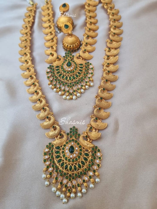 Green Stone amazing Huge Double Necklace Temple Jewellery With Earring