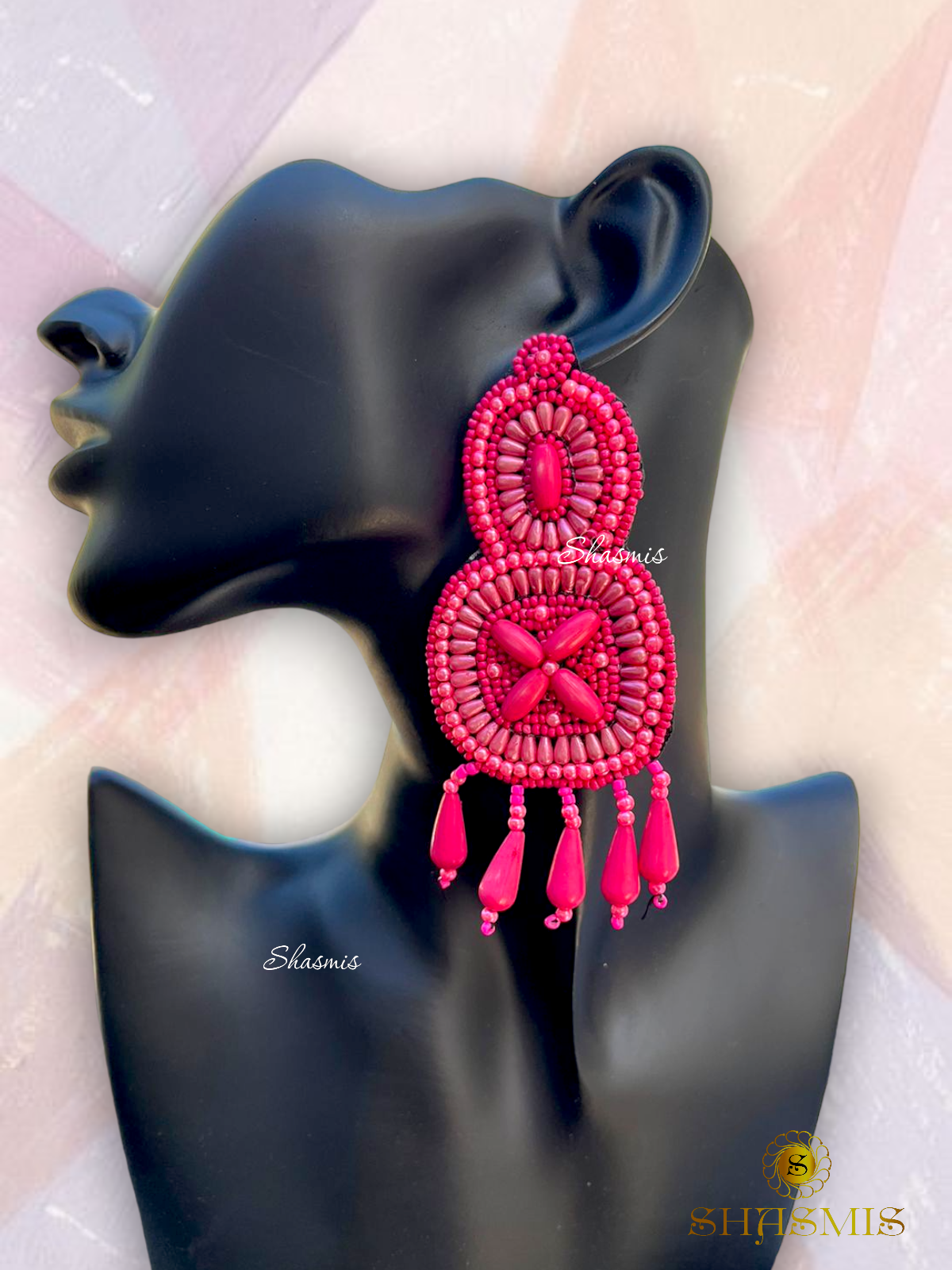 Pink Color Beads Embroidery Necklace With Earrings